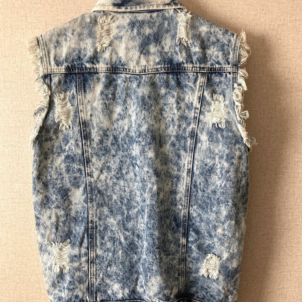 Distressed Stone‑Washed Denim Rhinestone Buttons Vest XL - Picture 2 of 10